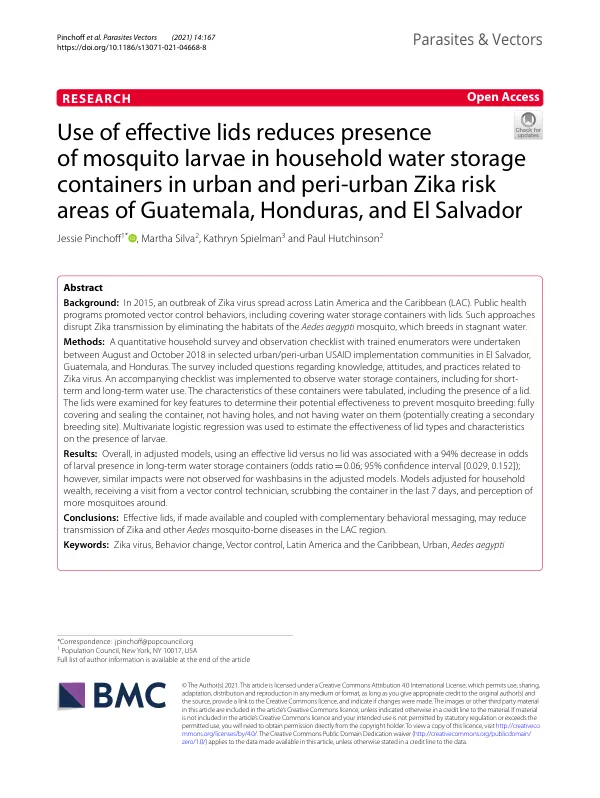 Use of effective lids reduces presence of mosquito larvae in household water storage containers in urban and peri-urban Zika risk areas of Guatemala, Honduras, and El Salvador