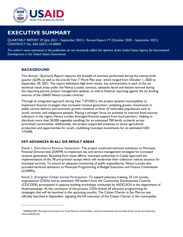 Annual/Quarterly Report: Nexos Locales Contract