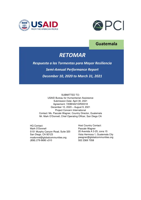 PCI Guatemala, RETOMAR Semi-Annual Performance Report