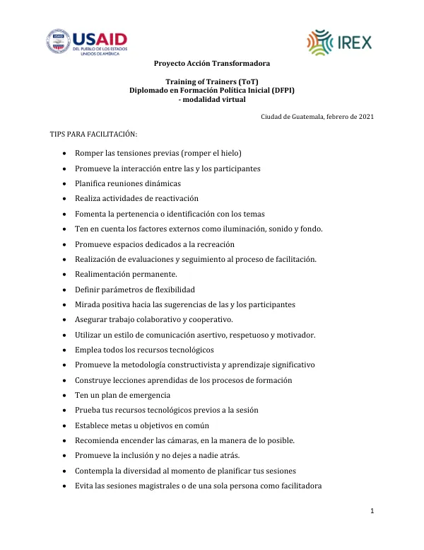 Proyecto Acción Transformadora: Training of Trainers (ToT) Diplomado en Formación Política Inicial (DFPI)