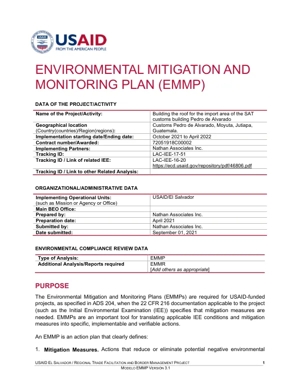Environmental Mitigation and Monitoring Plan (EMMP) for the USAID EL SALVADOR / REGIONAL TRADE FACILITATION AND BORDER MANAGEMENT PROJECT