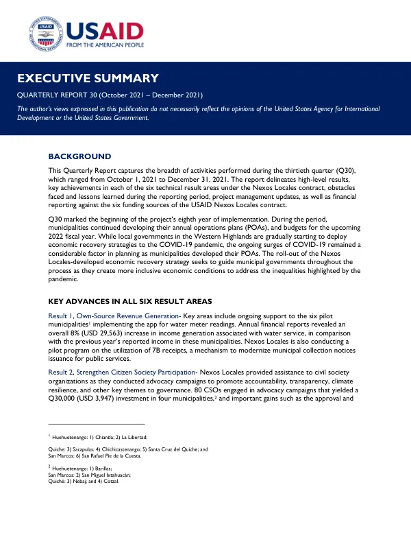 Quarterly Report 30 (October 2021 – December 2021)