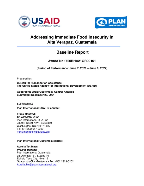 Addressing Immediate Food Insecurity in Alta Verapaz, Guatemala: Baseline Report