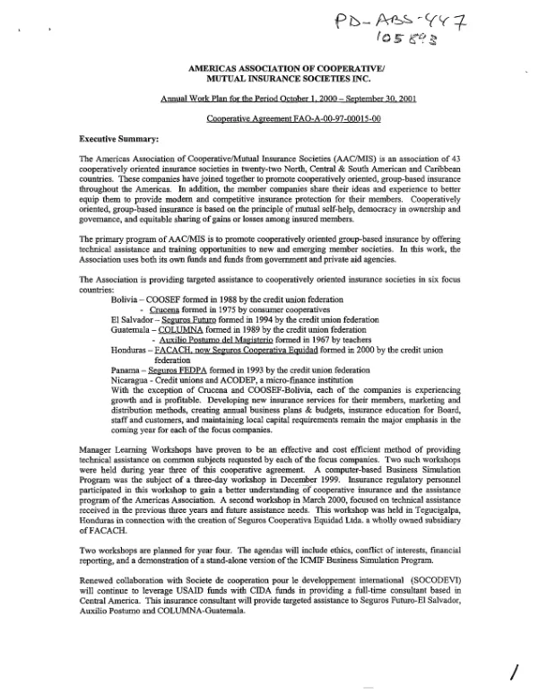 Americas Association of Cooperative/Mutual Insurance Societies Inc. : annual work plan for the period October 1, 2000-September 30, 2001 -- cooperative agreement FAO-A-00-97-00015-00