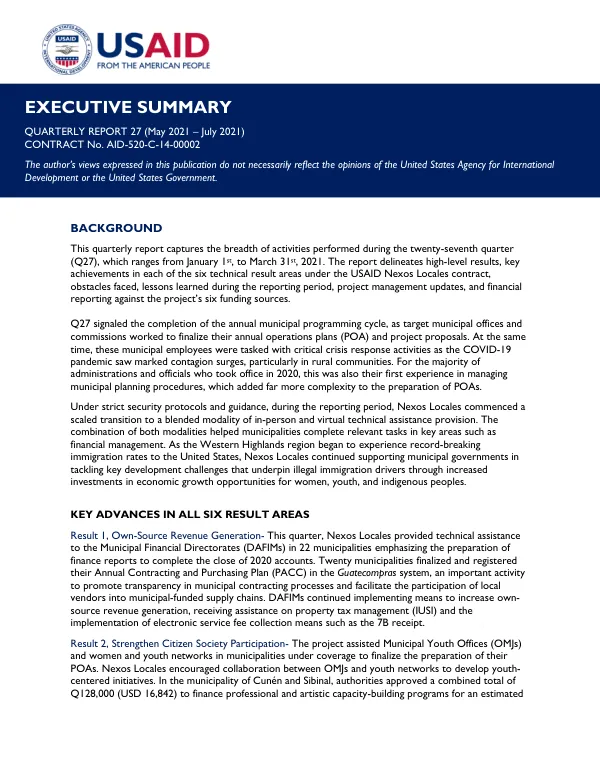Quarterly Report 27 (May 2021 – July 2021)