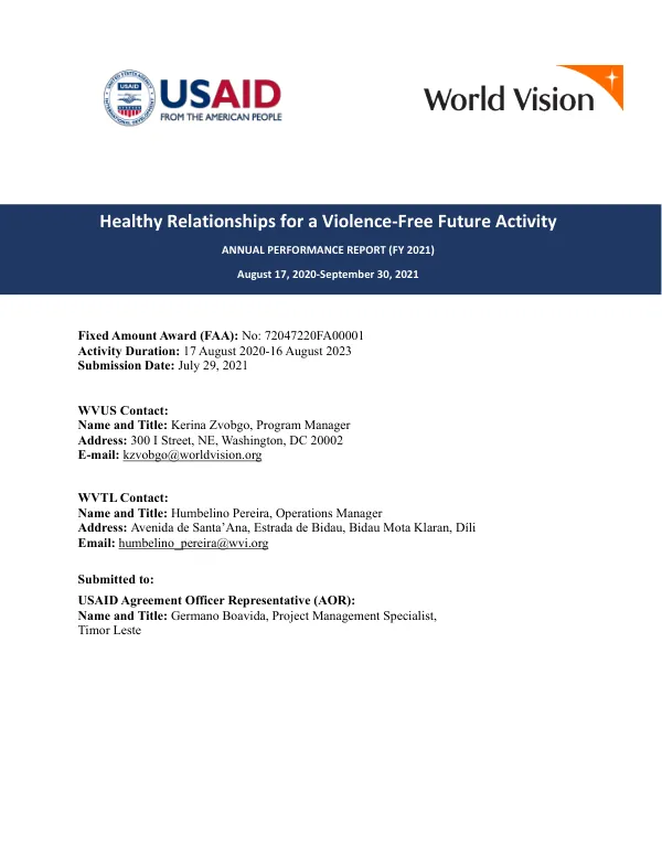 Annual Performance Report (FY 2021) for Healthy Relationships for a Violence-Free Future Activity