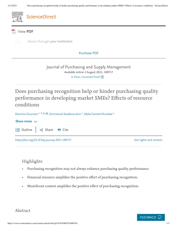 Does purchasing recognition help or hinder purchasing quality performance in developing market SMEs? Effects of resource conditions