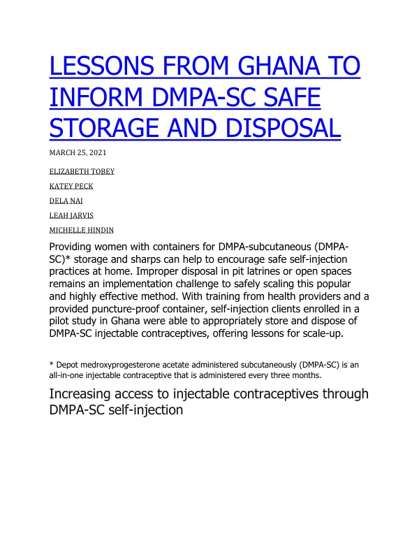 Lessons from Ghana to Inform DMPA-SC Safe Storage and Disposal