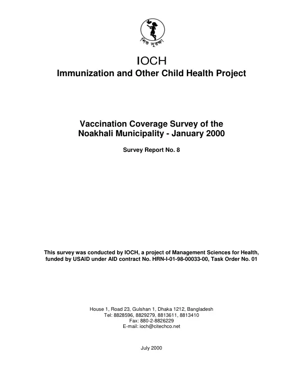 Vaccination coverage survey of the Noakhali Municipality, January 2000