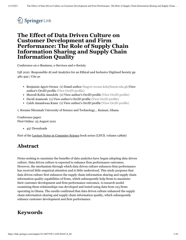 The Effect of Data Driven Culture on Customer Development and Firm Performance: The Role of Supply Chain Information Sharing and Supply Chain Information Quality