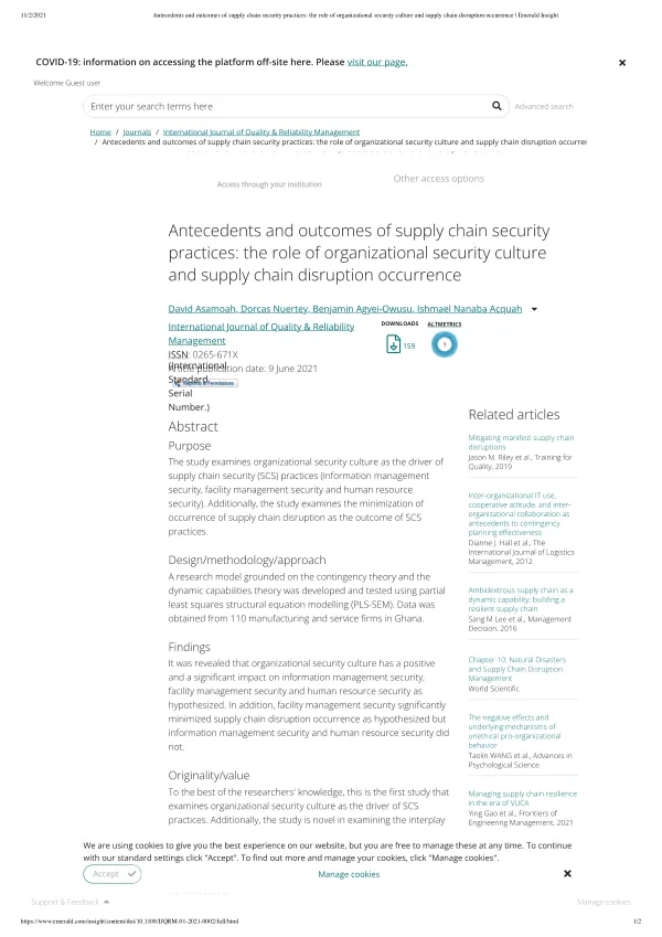 Antecedents and outcomes of supply chain security practices: the role of organizational security culture and supply chain disruption occurrence