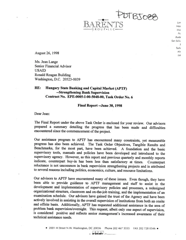 Final report : Hungary state banking and capital market (APTF) -- strengthening bank supervision -- contract no. EPE-0005-I-00-5048-00, task order no. 6