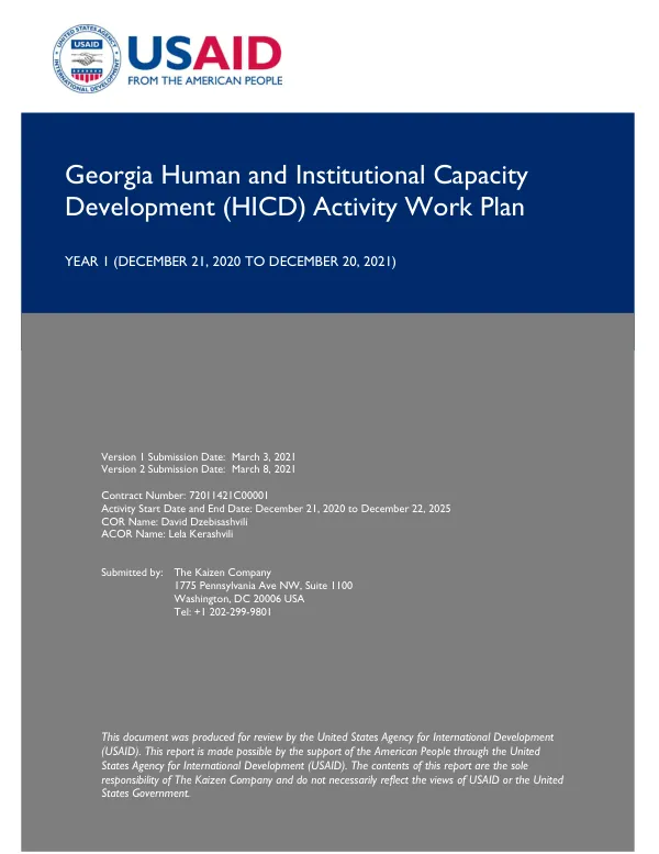 Georgia Human and Institutional Capacity Development (HICD) Activity Work Plan