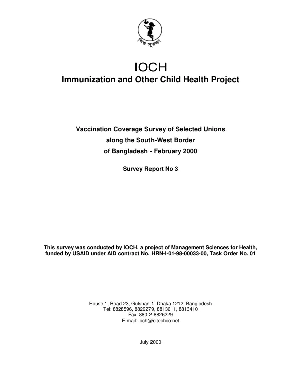 Vaccination coverage survey of selected unions along the South-West border of Bangladesh, February 2000