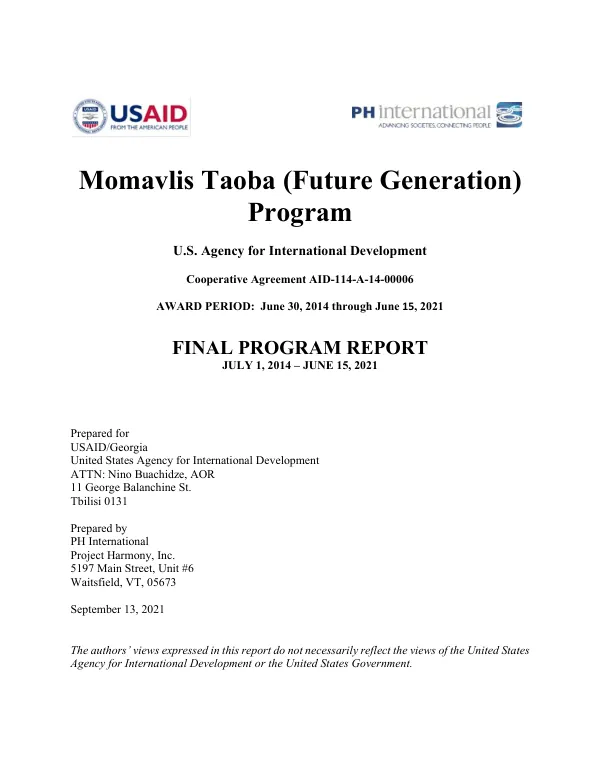Final Report: Momavlis Taoba (Future Generation) Program