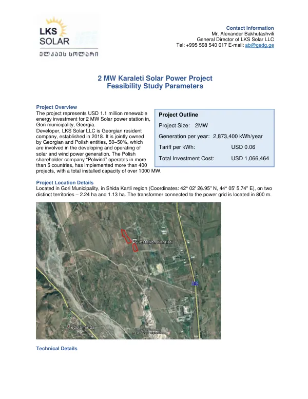 2 MW Karaleti Solar Power Project Feasibility Study Parameters