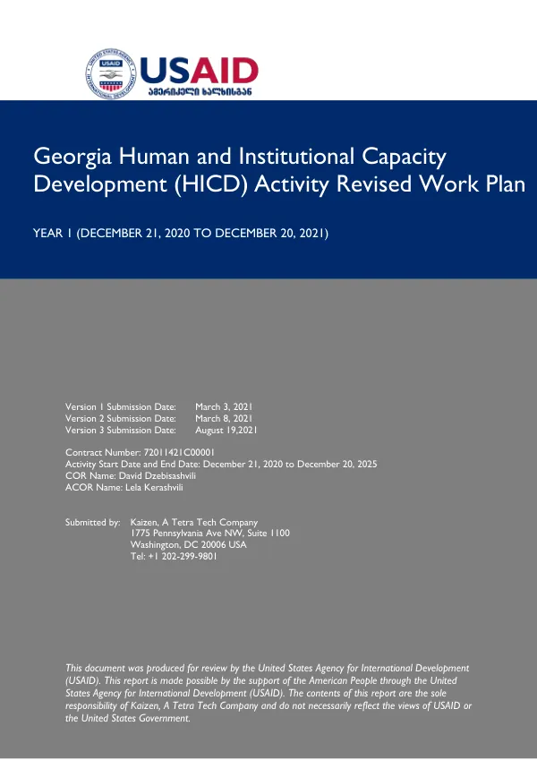 Georgia Human and Institutional Capacity Development (HICD) Activity Revised Work Plan