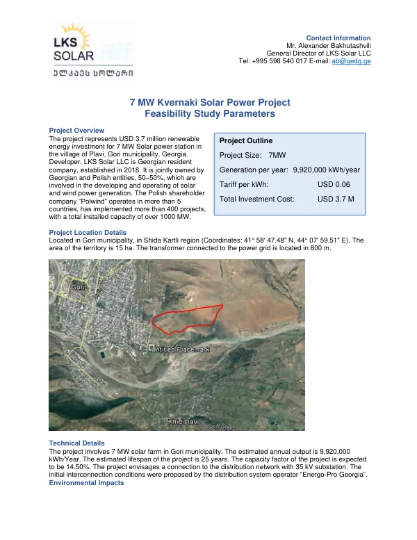 7 MW Kvernaki Solar Power Project Feasibility Study Parameters