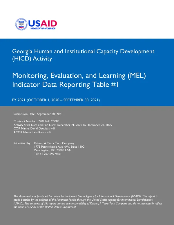 Georgia Human and Institutional Capacity Development (HICD) Activity Monitoring, Evaluation, and Learning (MEL) Indicator Data Reporting Table #1