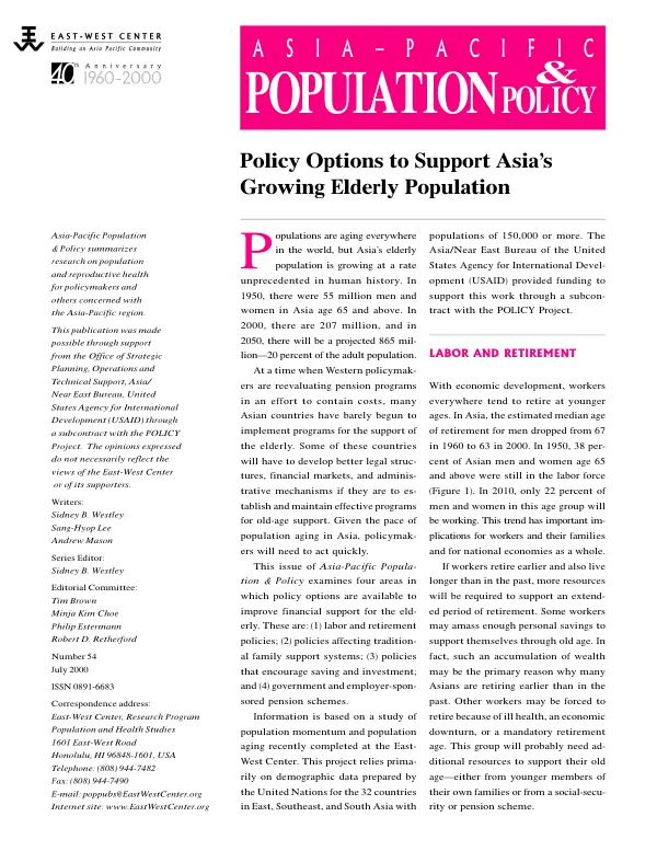Policy options to support Asia"s growing elderly population
