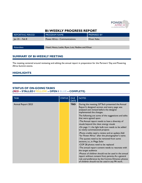 BI-WEEKLY PROGRESS REPORT