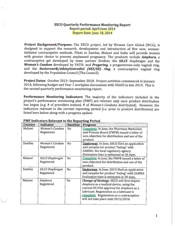 EECO Quarterly Performance Monitoring Report (April to June 2014)