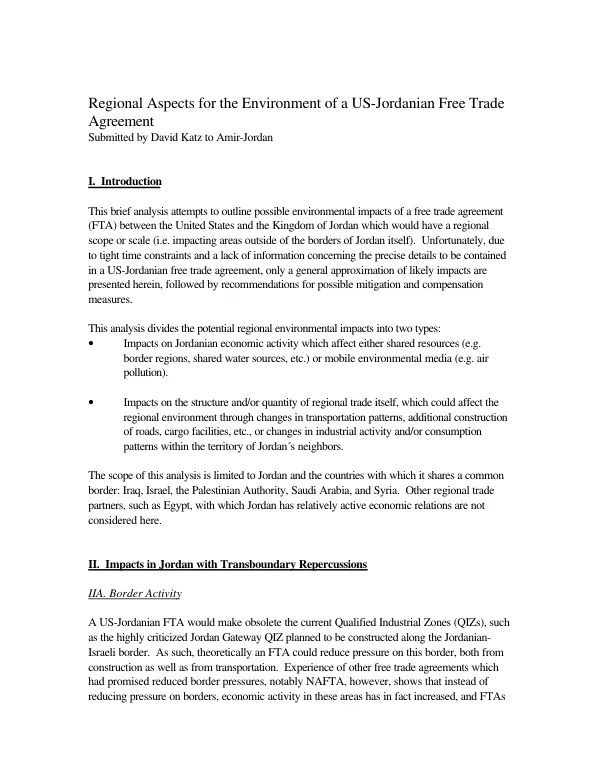 Regional aspects for the environment of a US-Jordanian free trade agreement