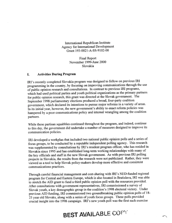 International Republican Institute [IRI] : Agency for International Development (USAID) grant 193-0021-A-SS-9102-00 -- final report, November 1999-June 2000 : Slovakia