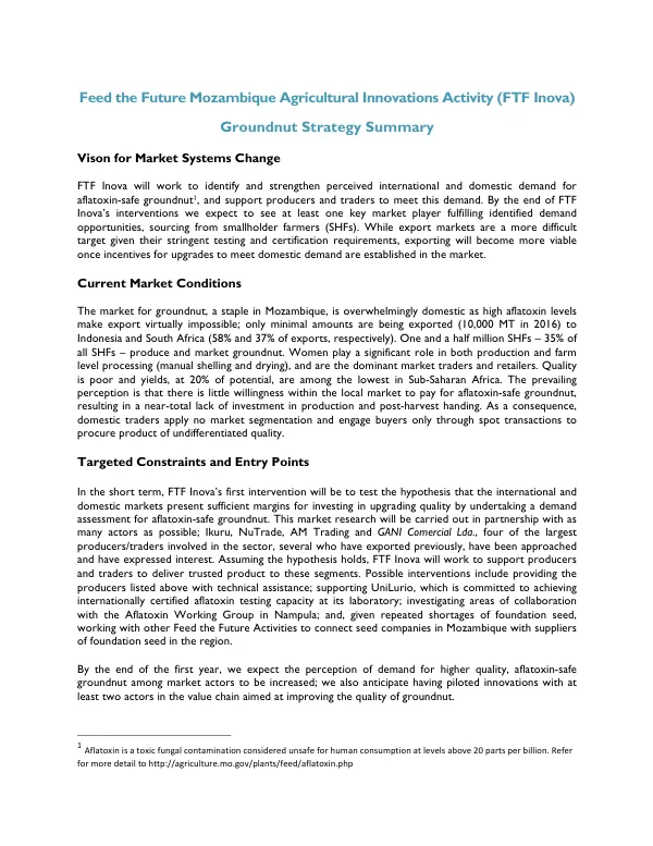 Feed the Future Mozambique Agricultural Innovations Activity (FTF Inova) Groundnut Strategy Summary