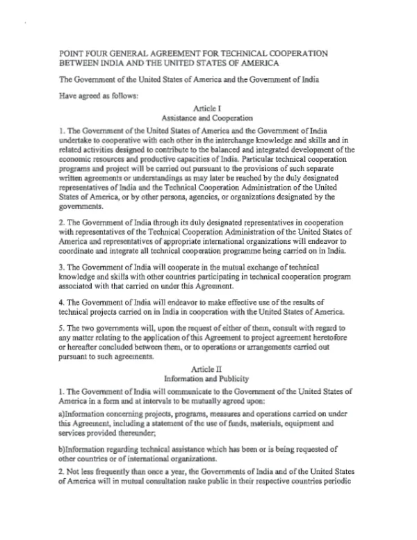 General Agreement for Technical Cooperation between India and the United States of America