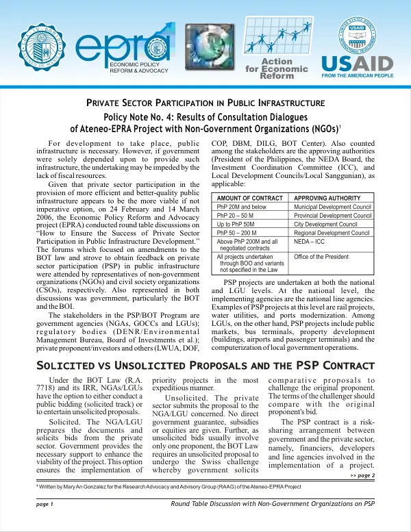 Policy Note No. 4: Results of Consultation Dialogues of Ateneo-EPRA Project with Non-Government Organizations (NGOs)