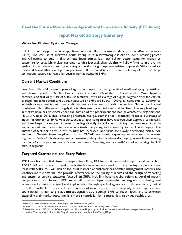 Feed the Future Mozambique Agricultural Innovations Activity (FTF Inova) Input Market Strategy Summary