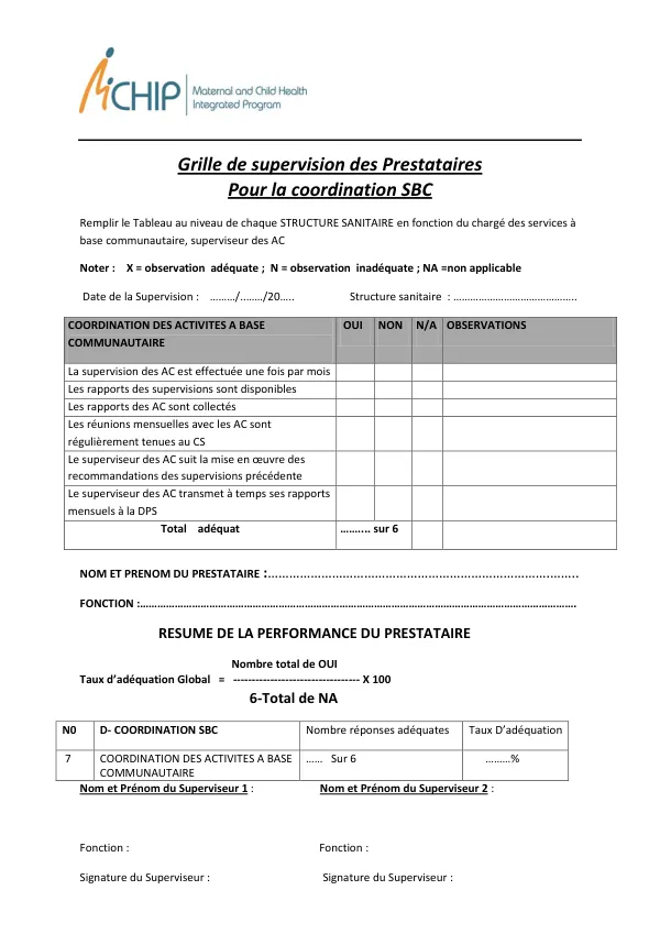 Grille de supervision des Prestataires
