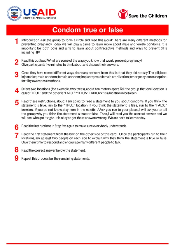 Condom True or False Game for Education on Contraception and STIs