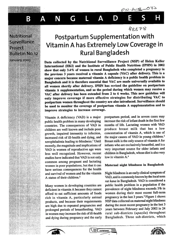 Postpartum supplementation with vitamin A has extremely low coverage in rural Bangladesh