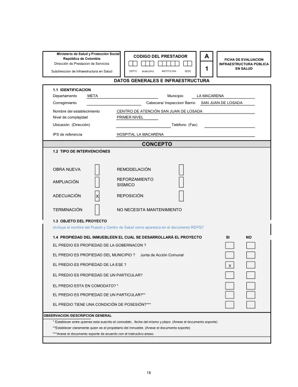 Ficha de Evaluación de la Infraestructura Pública en Salud del Centro de Atención San Juan de Losada