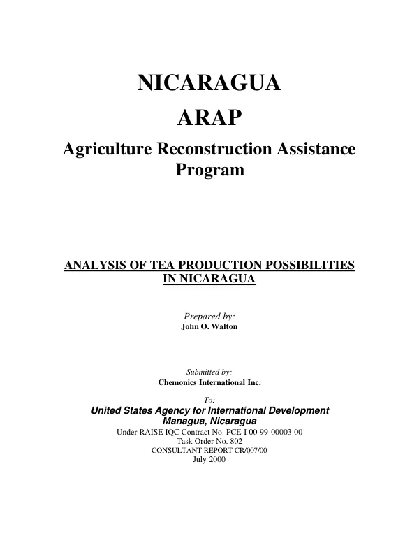 Nicaragua ARAP, agricultural reconstruction assistance program : analysis of tea production possibilities in Nicaragua