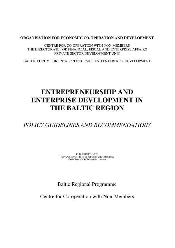 Policy Guidelines and Recommendations for Entrepreneurship and Enterprise Development in the Baltic Region