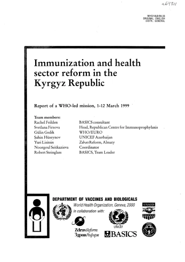 Immunization and health sector reform in the Kyrgyz Republic : report of a WHO-led mission, 1-12 March 1999