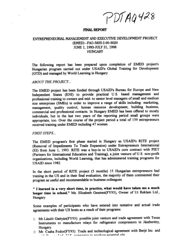 Final report : entrepreneurial management and executive development project (EMED) : [contract no.] FAO-5855-I-00-6020[-00] -- June 1, 1993-July 31, 1998 : Hungary