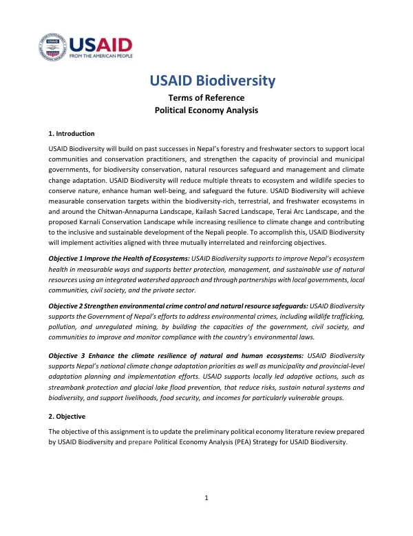 USAID Biodiversity Terms of Reference Political Economy Analysis