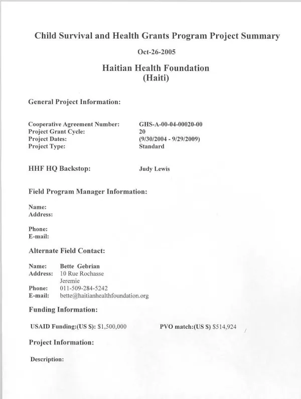 Child survival and health grants program project summary : Haitian Health Foundation (Haiti)