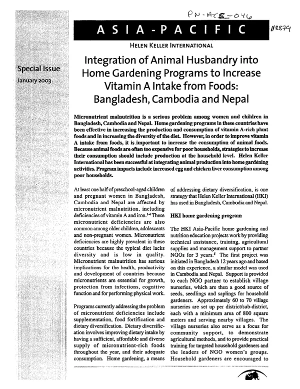 Integration of animal husbandry into home gardening programs to increase vitamin A intake from foods : Bangladesh, Cambodia and Nepal