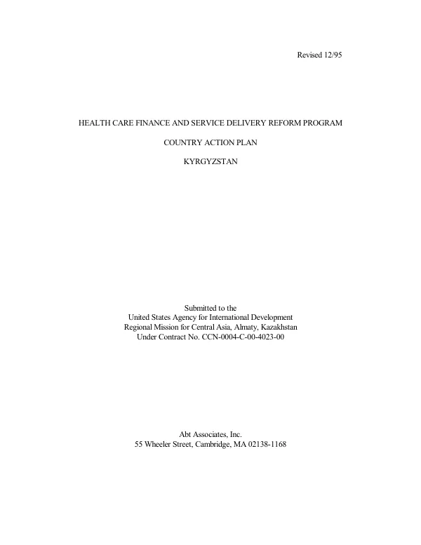 Health Care Finance and Service Delivery Reform Program -- Country Action Plan -- Kyrgyzstan (12/95)
