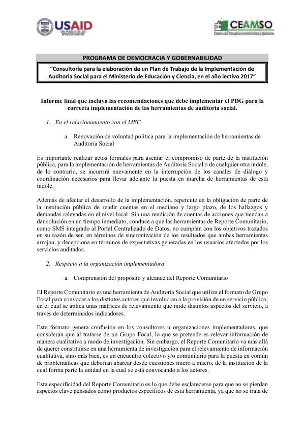 Consultoría para la elaboración de un Plan de Trabajo de la Implementación de Auditoria Social para el Ministerio de Educación y Ciencia