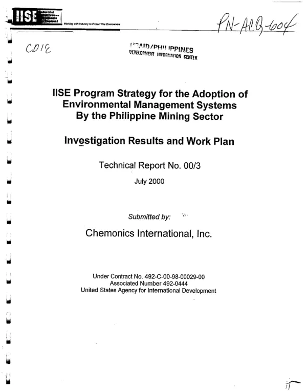 IISE (Industrial initiatives for a sustainable environment) program strategy for the adoption of environmental management systems by the Philippine mining sector : investigation results and work plan