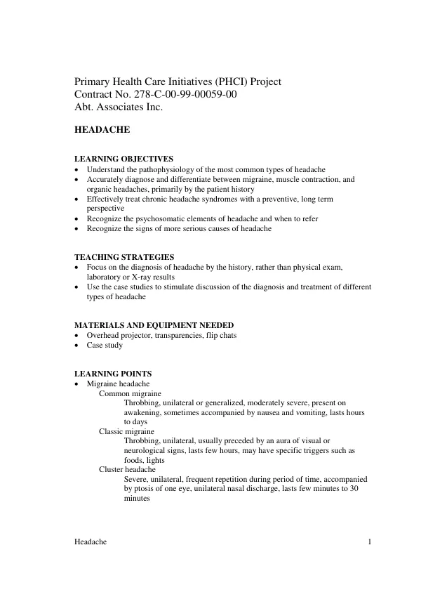 Headache Learning Objectives and Teaching Strategies