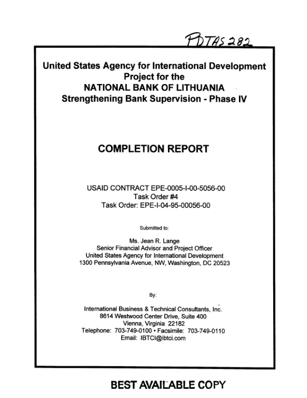 United States Agency for International Development project for the National Bank of Lithuania, strengthening bank supervision, phase IV : completion report