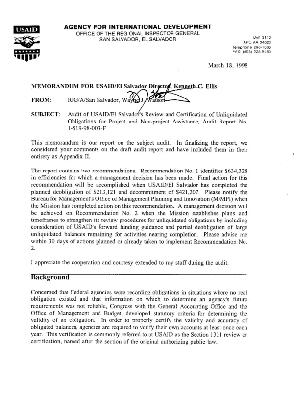 Audit of USAID/El Salvador's review and certification of unliquidated obligations for project and non-project assistance