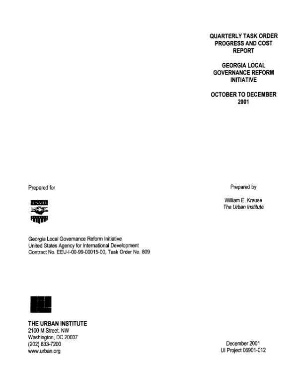 Quarterly task order progress and cost report : Georgia local governance reform initiative -- October to December 2001